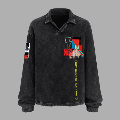 Unisex Heavyweight Washed Distressed French Terry Collared Oversized Long-Sleeve (380GSM)