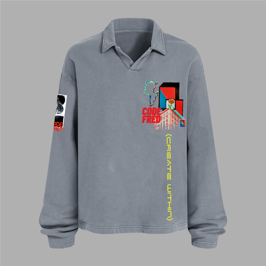 Unisex Heavyweight Washed Distressed French Terry Collared Oversized Long-Sleeve (380GSM)